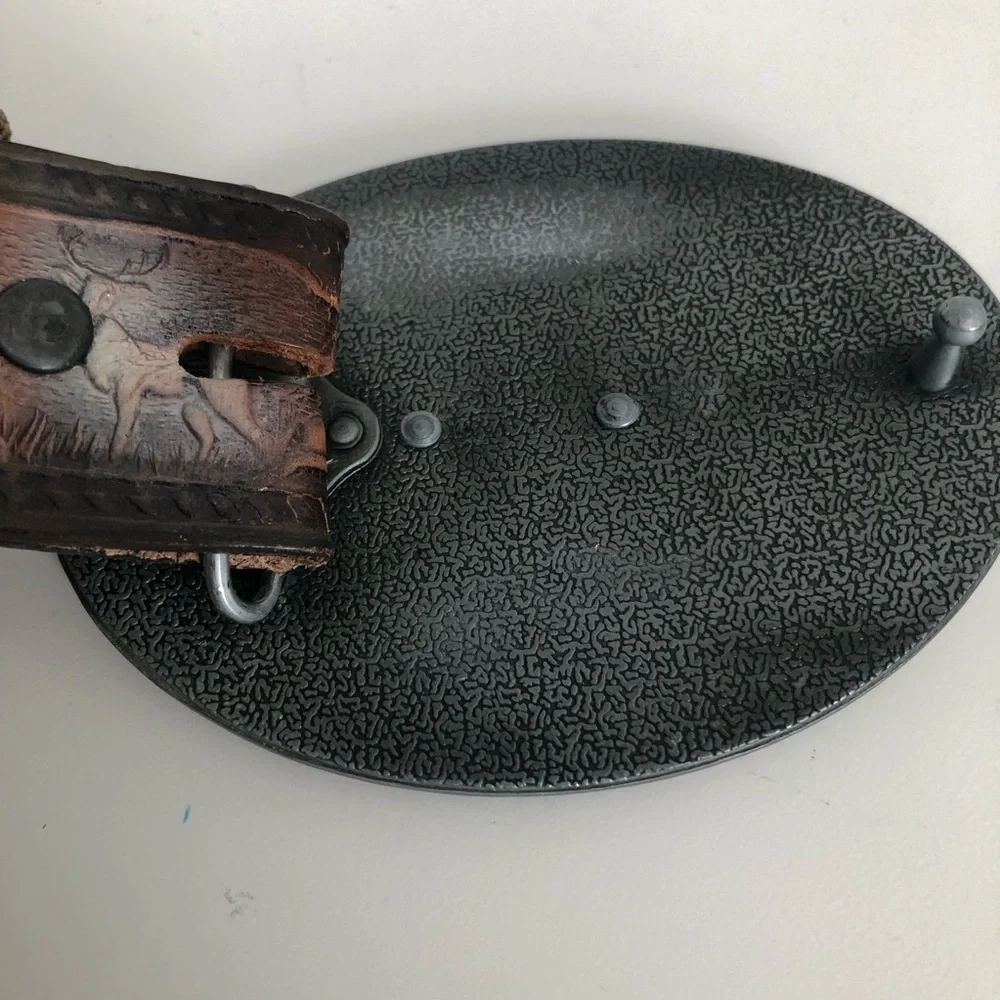 Brown Tooled Leather Belt with Camouflage Deer Buckle